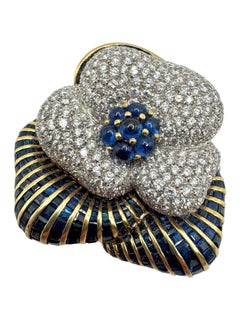 18K Gold Diamond and Sapphire Earrings and Convertible Floral Brooch-Pendant Set