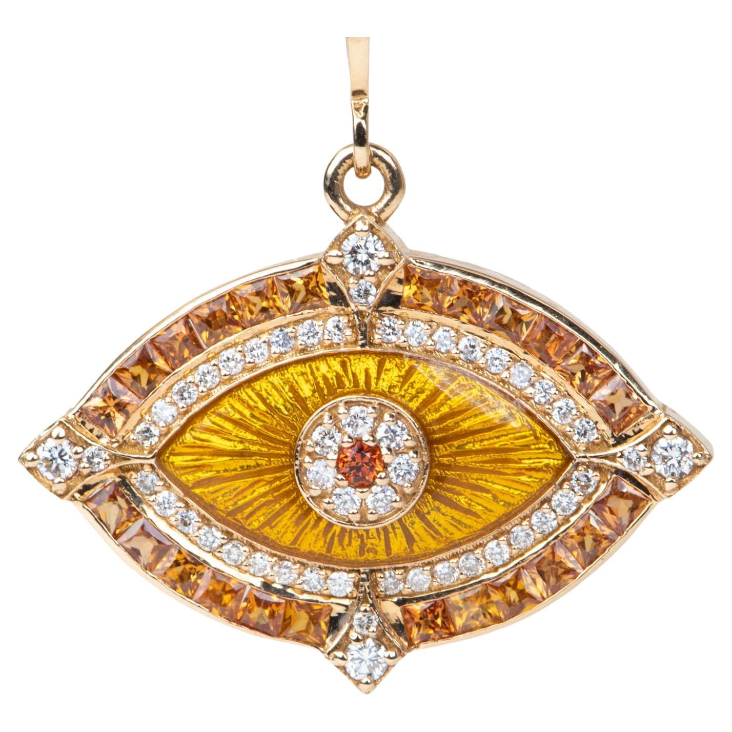 18K Gold Diamond and Sapphire Evil Eye Guilloche Pendant on 23" Necklace Chain For Sale