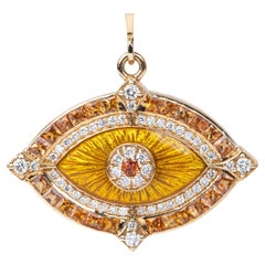 18K Gold Diamond and Sapphire Evil Eye Guilloche Pendant on 23" Necklace Chain