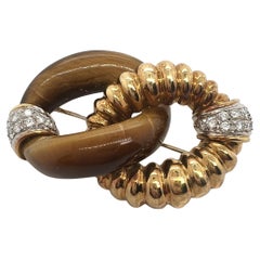 18k Gold, Diamond, And Tiger's Eye Brooch