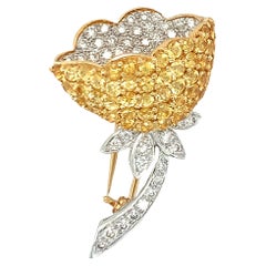 18k Gold Diamond and Yellow Sapphire Flower Brooch