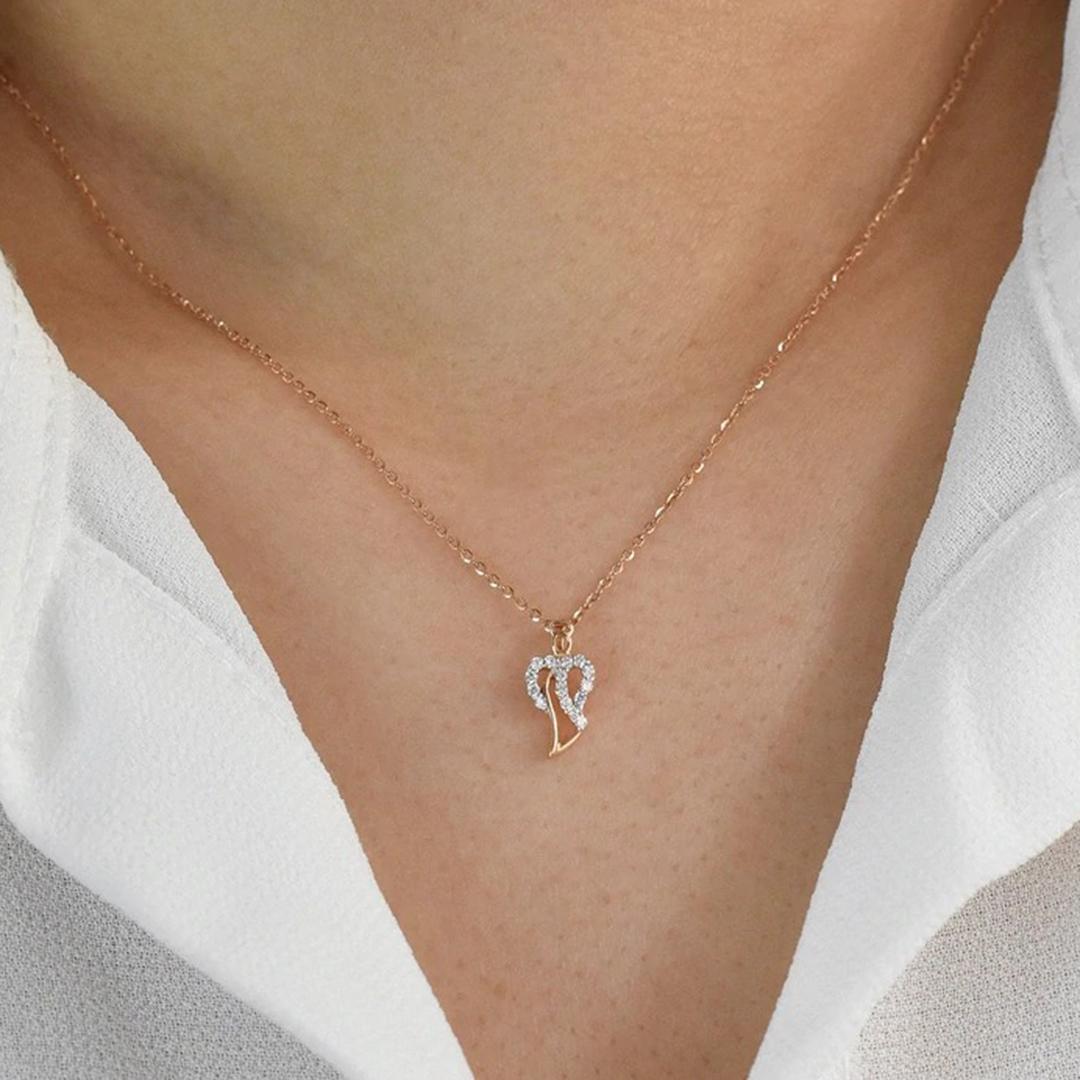 18k Gold Diamond Angle Necklace Minimalist Heart Guardian Angel Necklace For Sale 2
