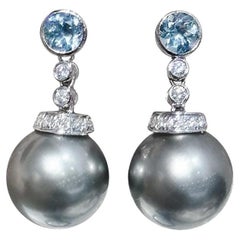 【Sculpted Geometry】Ocean Spark Aurora Tahitian Pearl Aquamarine Diamond Earrings