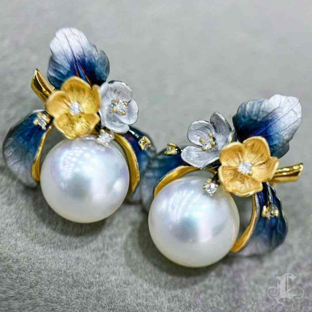 Uncut Whispering Garden Diamond Dust & Aurora South Sea Pearl Earrings