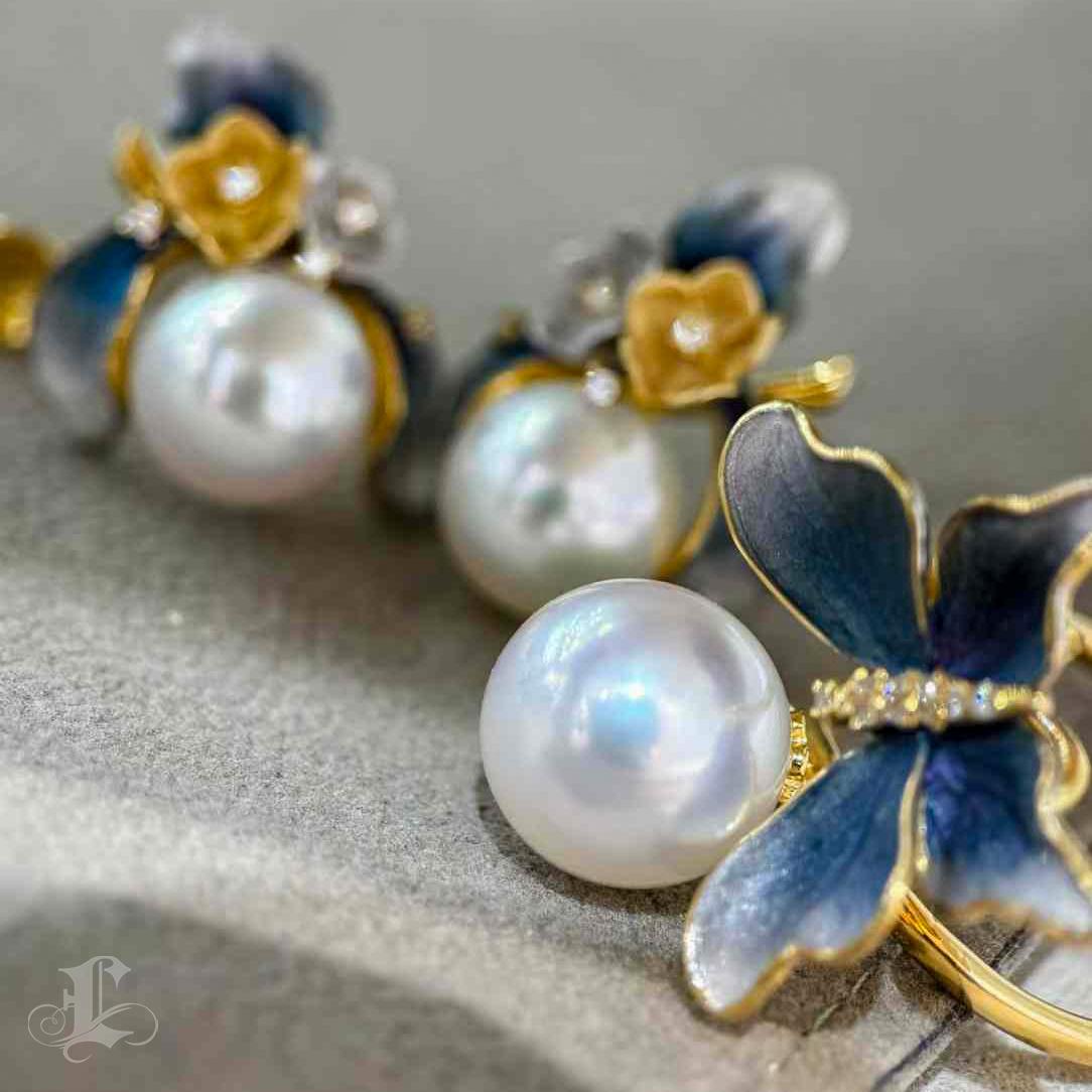 Whispering Garden Diamond Dust & Aurora South Sea Pearl Earrings 1
