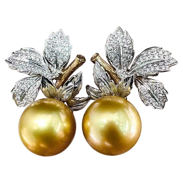 【Vine Symphony】Golden Harvest Aurora South Sea Pearl Leaf Earrings
