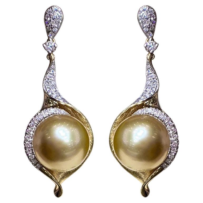 【Lustre Arc】Golden Wave Aurora South Sea Pearl Diamond Drop Earrings