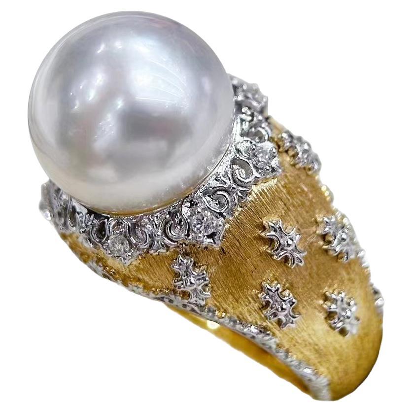 【Crown Radiance】Aurora South Sea Pearl Diamond Textured Gold Cocktail Ring