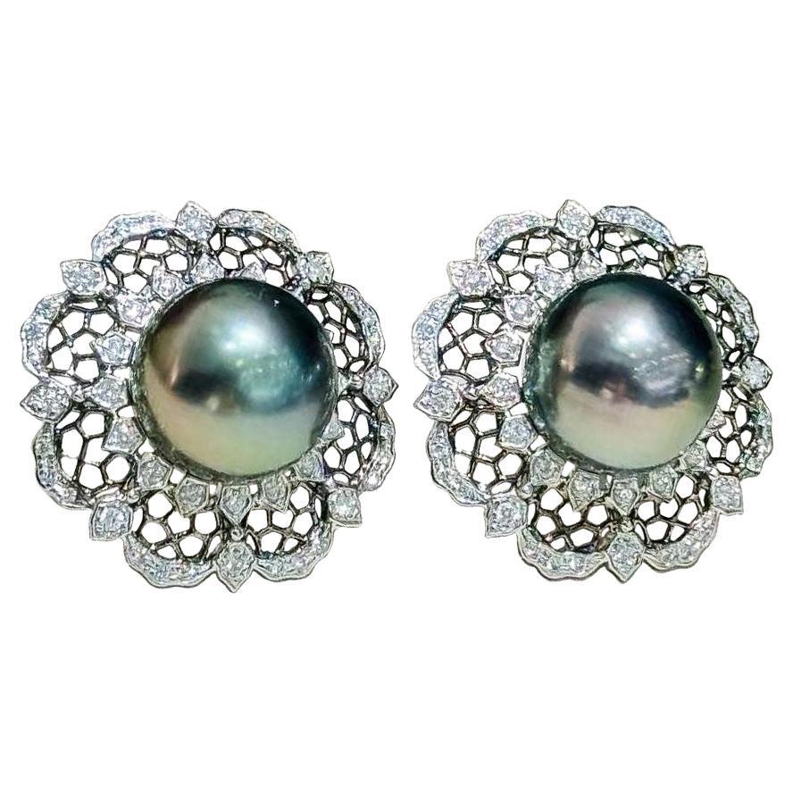 【Crown Radiance】Noir Bloom Aurora Tahitian Pearl Diamond Petal Earrings