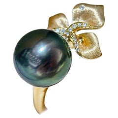 【Vine Symphony】Golden Orchid Aurora Tahitian Pearl Diamond Brushed Gold Ring