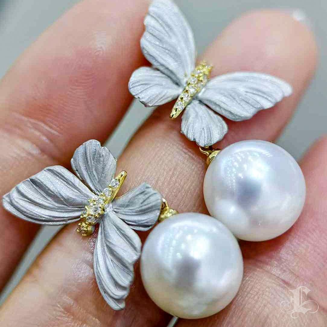 Uncut Flutterlight Diamond Dust & Aurora South Sea Pearl Butterfly Earrings