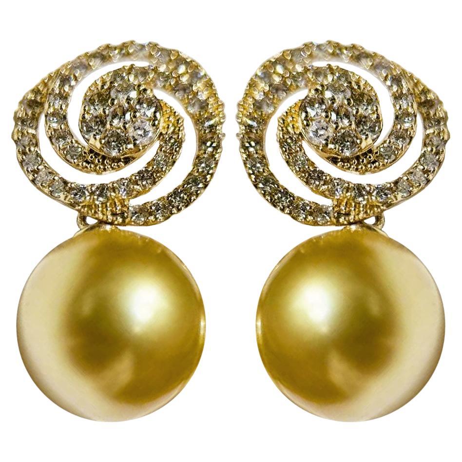 【Crown Radiance】Golden Spiral Aurora South Sea Pearl Diamond Earrings For Sale