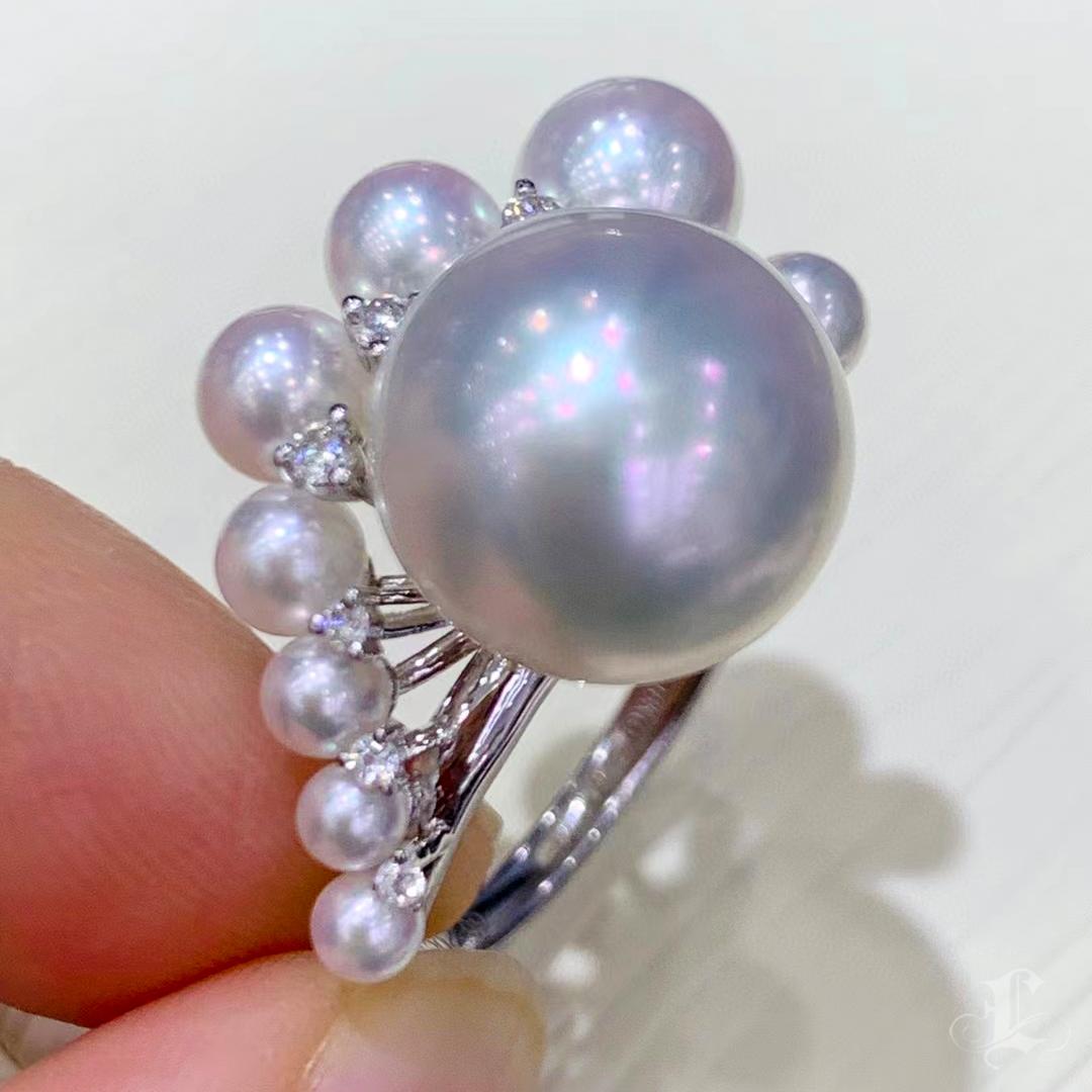 Women's 【Lustre Arc】Modern Aurora South Sea Pearl & Akoya Diamond Cluster Ring For Sale