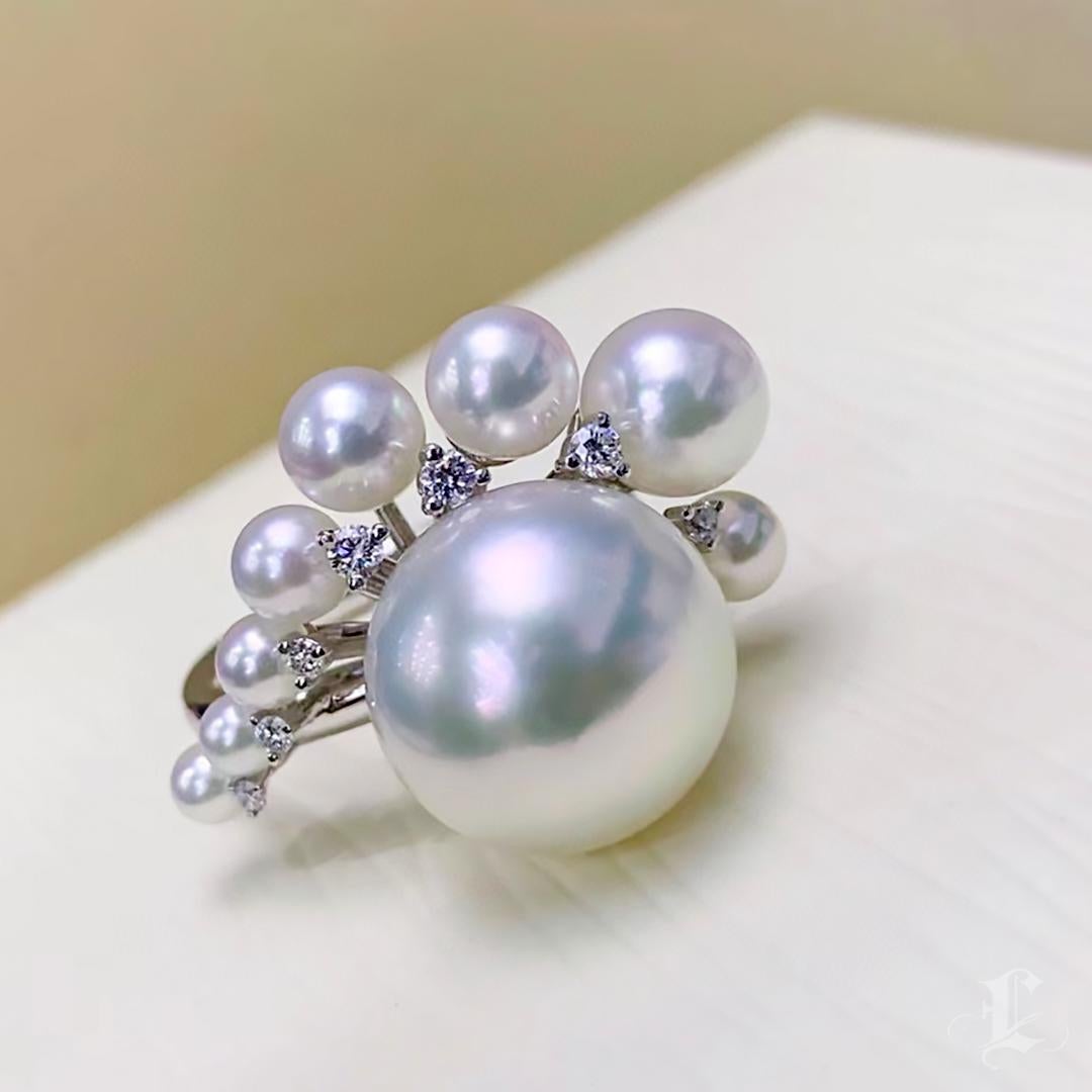 【Lustre Arc】Modern Aurora South Sea Pearl & Akoya Diamond Cluster Ring For Sale 1