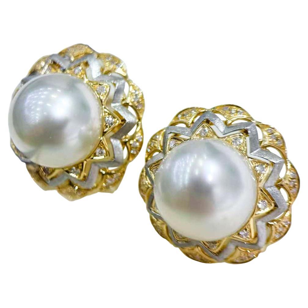 【Crown Radiance】Lotus Crest Aurora South Sea Pearl Diamond Stud Earrings