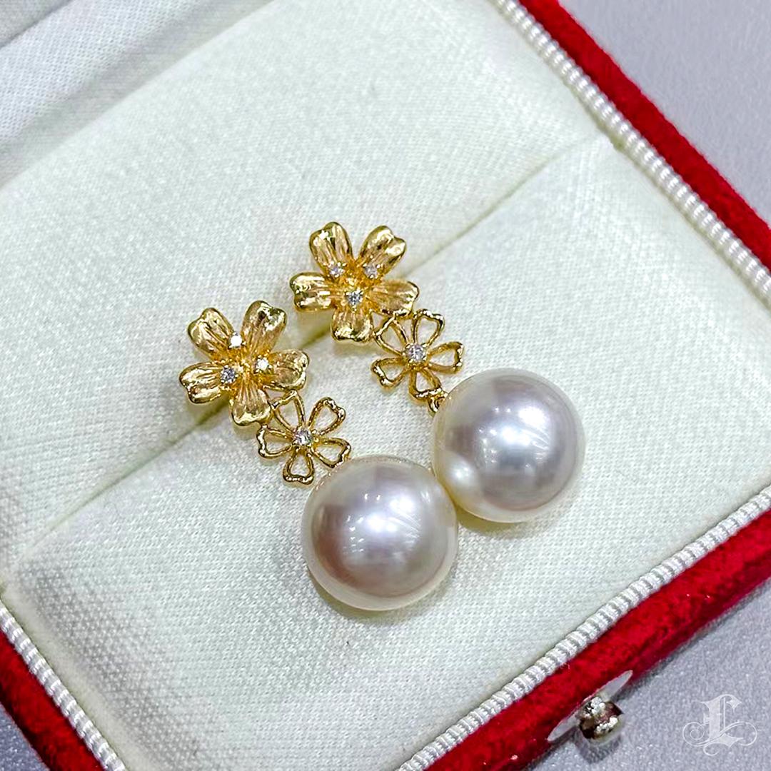 Women's 【Vine Symphony】Golden Bloom Aurora South Sea Pearl Diamond Drop Earrings For Sale