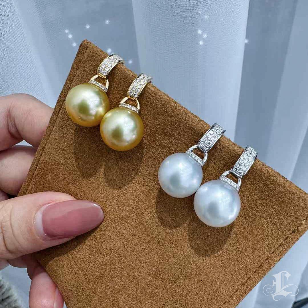 【Sculpted Geometry】Aurora South Sea Pearl Diamond Drop Earrings – White or Golde For Sale 1