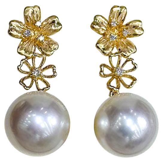 【Vine Symphony】Golden Bloom Aurora South Sea Pearl Diamond Drop Earrings