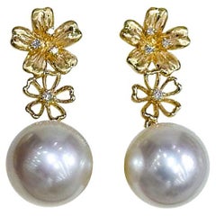 【Vine Symphony】Golden Bloom Aurora South Sea Pearl Diamond Drop Earrings