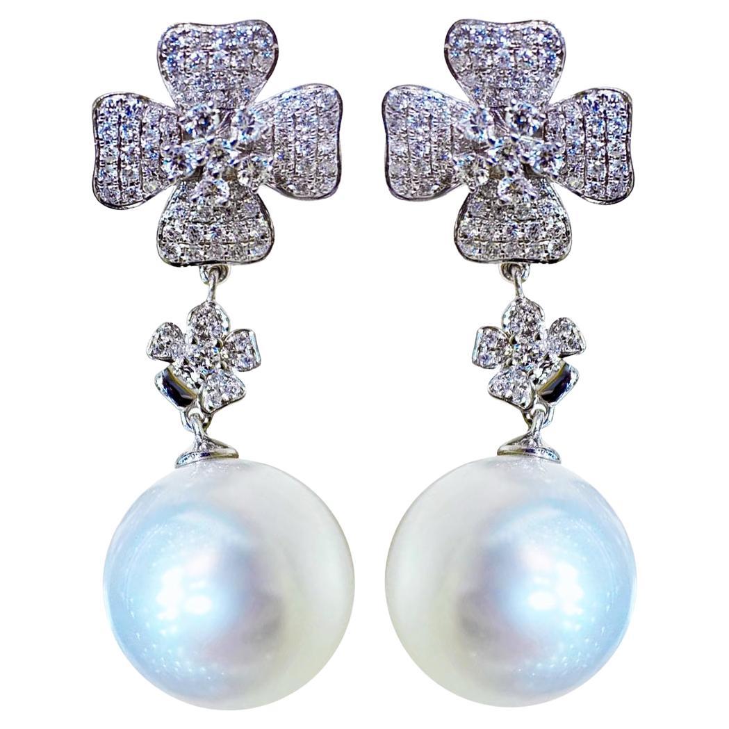 【Vine Symphony】Lucky Clover Aurora South Sea Pearl Diamond Earrings