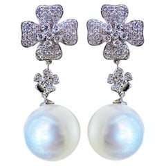 【Vine Symphony】Lucky Clover Aurora South Sea Pearl Diamond Pendientes