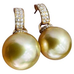 Aurora 12-13mm Perle de mer du Sud Diamant Boucles d'oreilles pendantes - Blanc ou doré