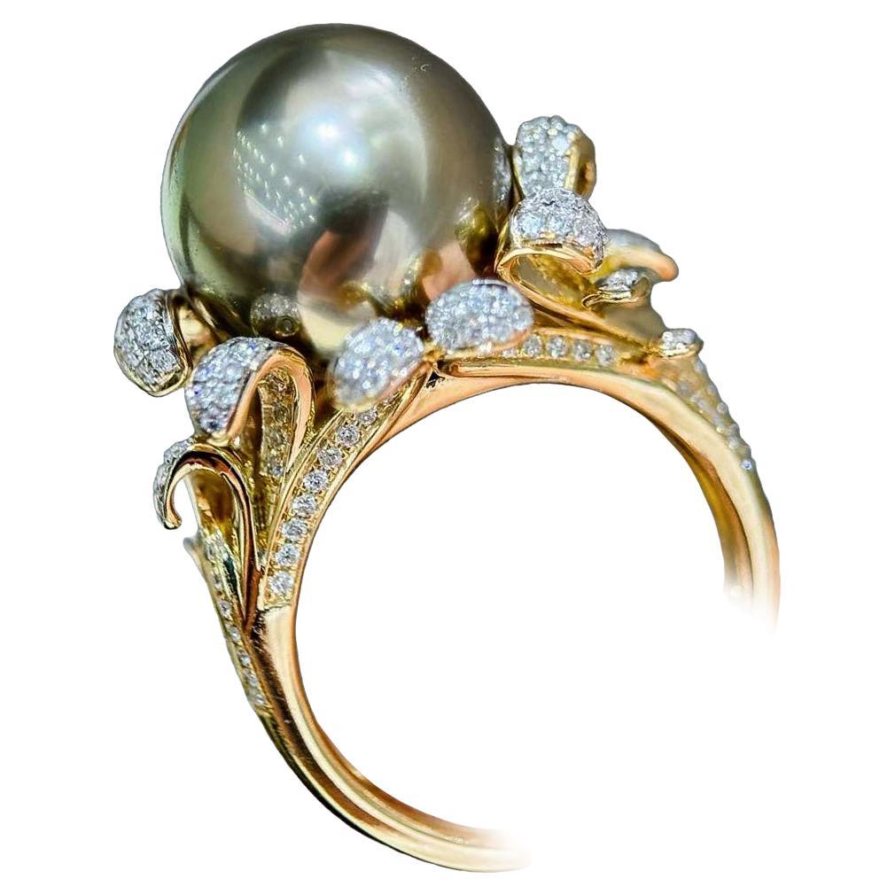 【Vine Symphony】Golden Bloom Aurora 13-14mmTahitian Pearl Cocktail Ring For Sale