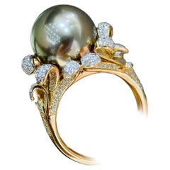 【Vine Symphony】Golden Bloom Aurora 13-14mmTahitian Pearl Cocktail Ring