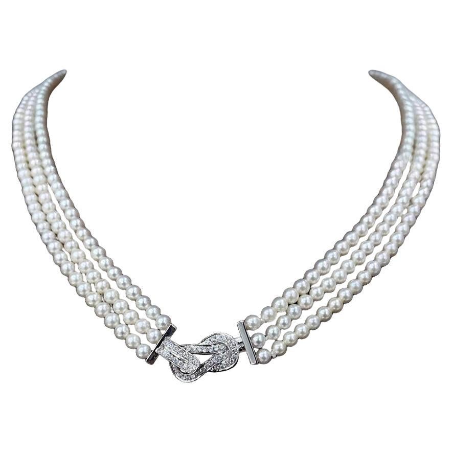 【Crown Radiance】Triple-Strand Baby Akoya Pearl Necklace Diamond Knot Clasp