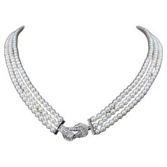 【Crown Radiance】Triple-Strand Baby Akoya Pearl Necklace Diamond Knot Clasp