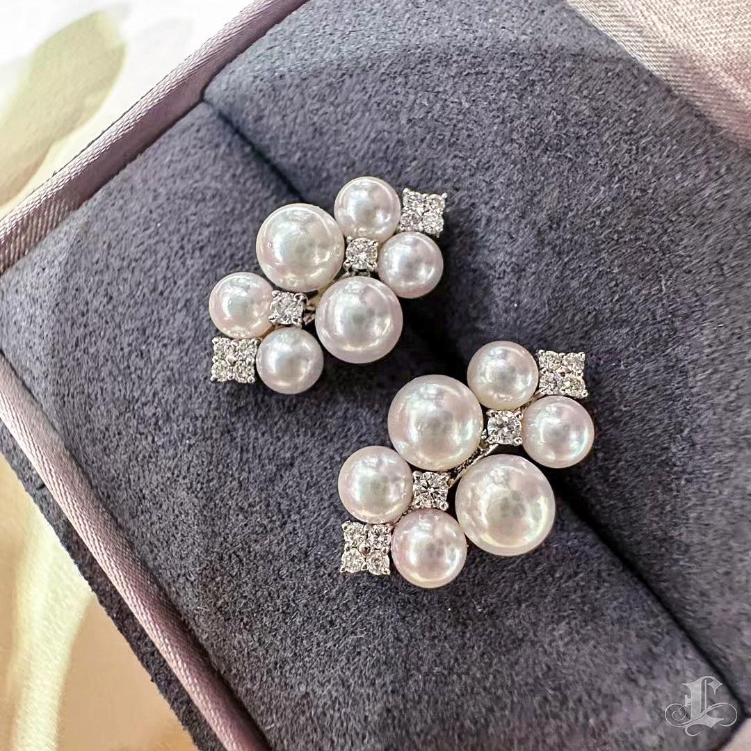 Women's 【Crown Radiance】Geometric Cluster Aurora Akoya Pearl & Diamond Earrings For Sale