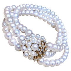 Bracelet à trois brins en or 18 carats avec diamants Aurora 6-7 mm et perles Akoya