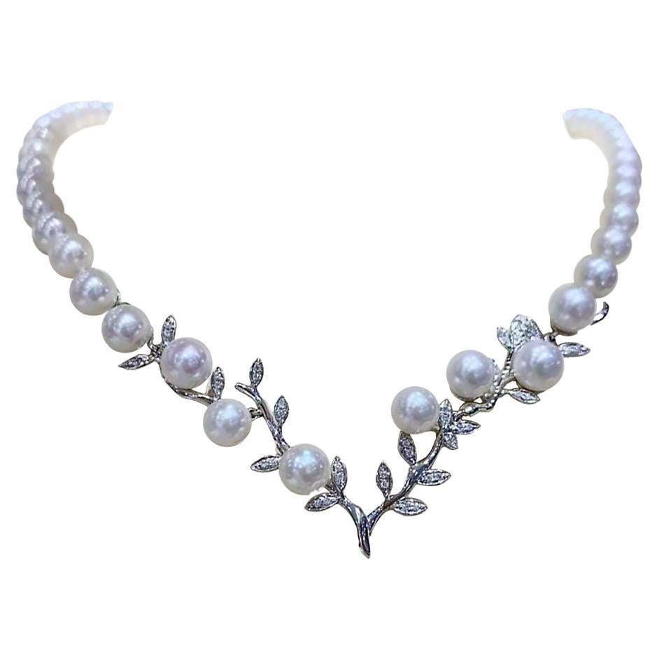 【Vine Symphony】Diamond Branch Aurora Akoya Pearl Elegant Bridal Necklace For Sale