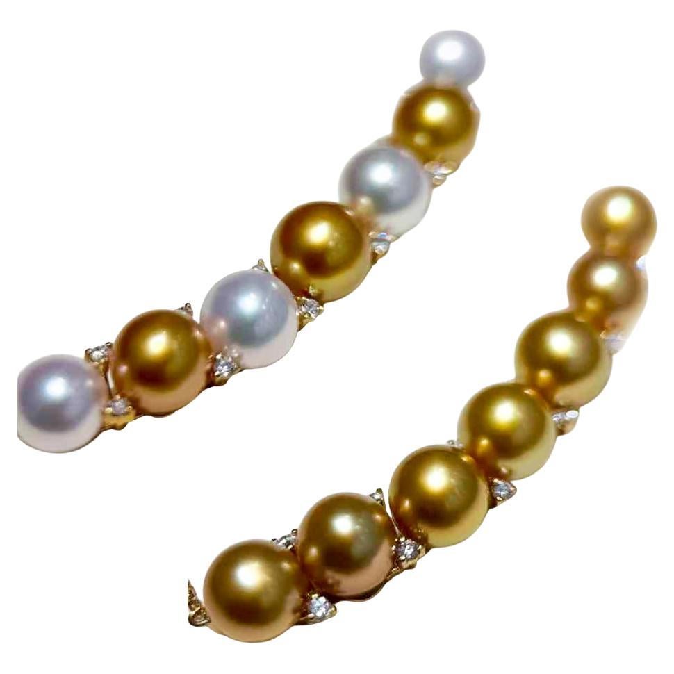 【Lustre Arc】Golden Arc Pearl Line Necklace in 18k Gold with Diamond Accents For Sale
