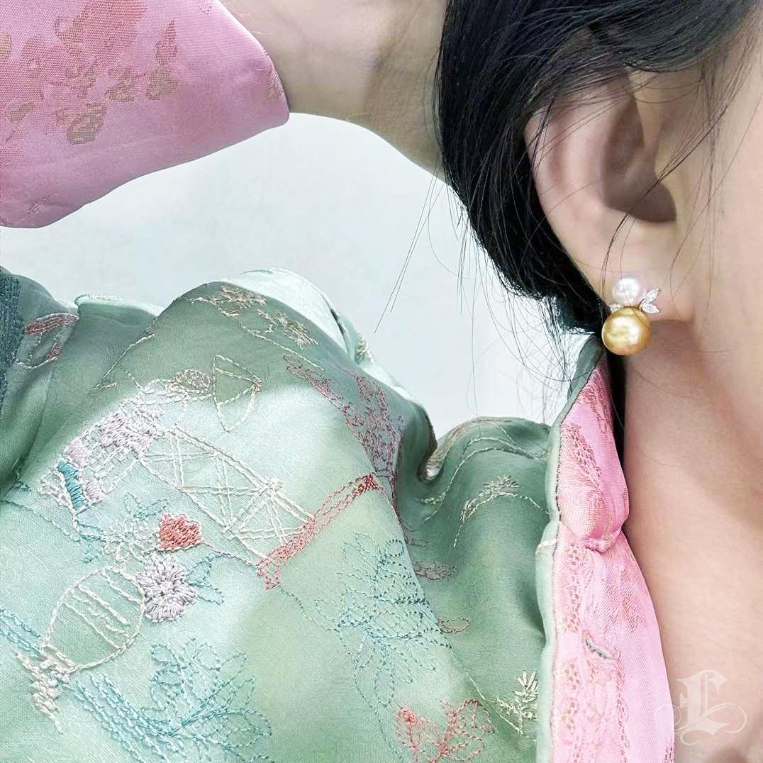 Uncut 【Vine Symphony】Golden Aurora South Sea & Akoya Pearl Diamond Leaf Earrings For Sale