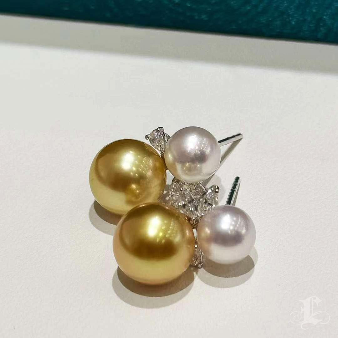 【Vine Symphony】Golden Aurora South Sea & Akoya Pearl Diamond Leaf Earrings In New Condition For Sale In New York, NY