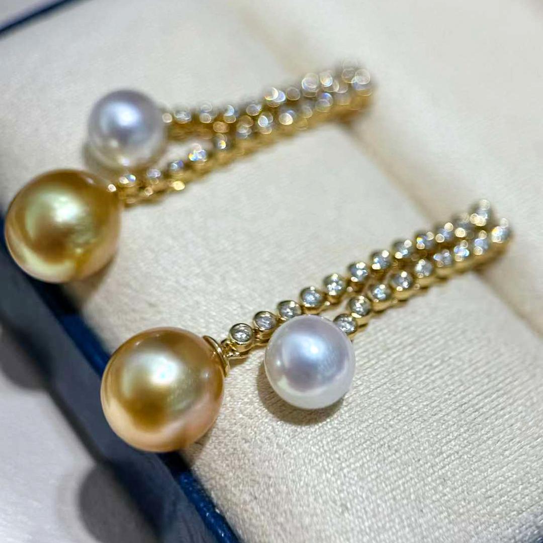 【Lustre Arc】Tiered Aurora Golden South Sea & Akoya Pearl Gala Earrings In New Condition For Sale In New York, NY