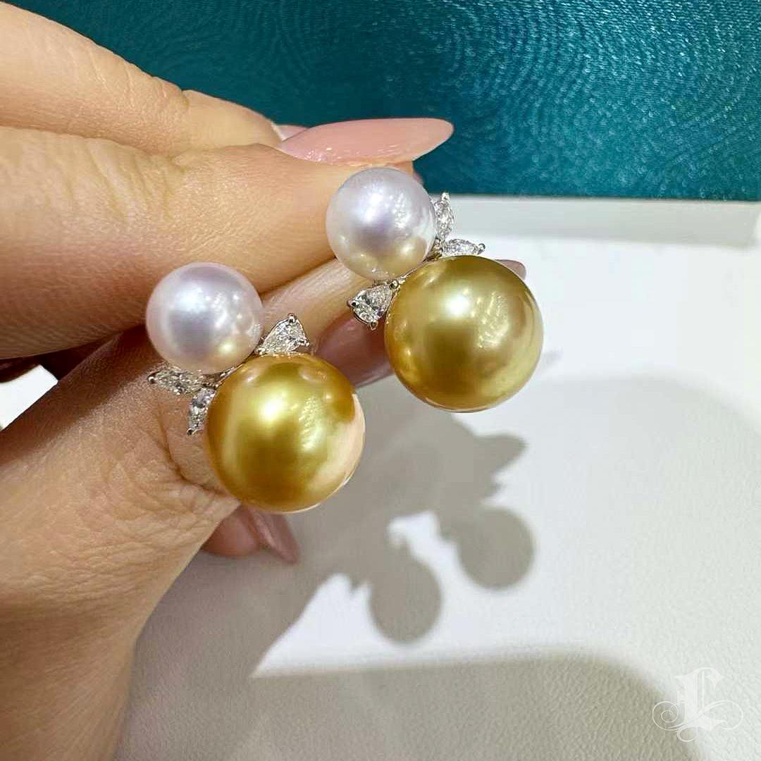 Women's 【Vine Symphony】Golden Aurora South Sea & Akoya Pearl Diamond Leaf Earrings For Sale