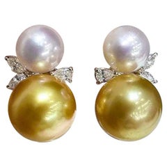 【Vine Symphony】Goldene Aurora Südsee & Akoya Perle Diamant Blatt Ohrringe