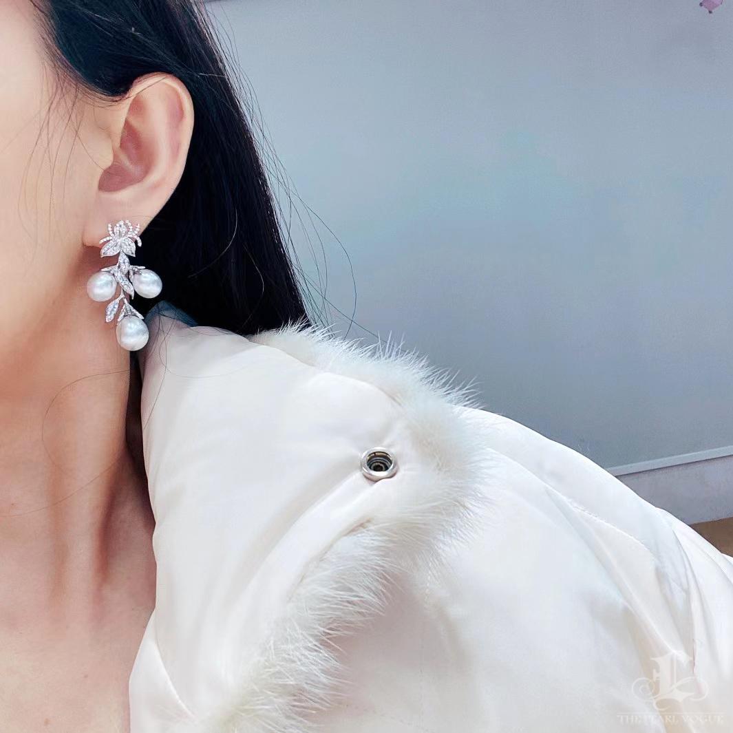 【Vine Symphony】Aurora South Sea Pearl Orchid Leaf Diamond Pendientes Sin cortar en venta