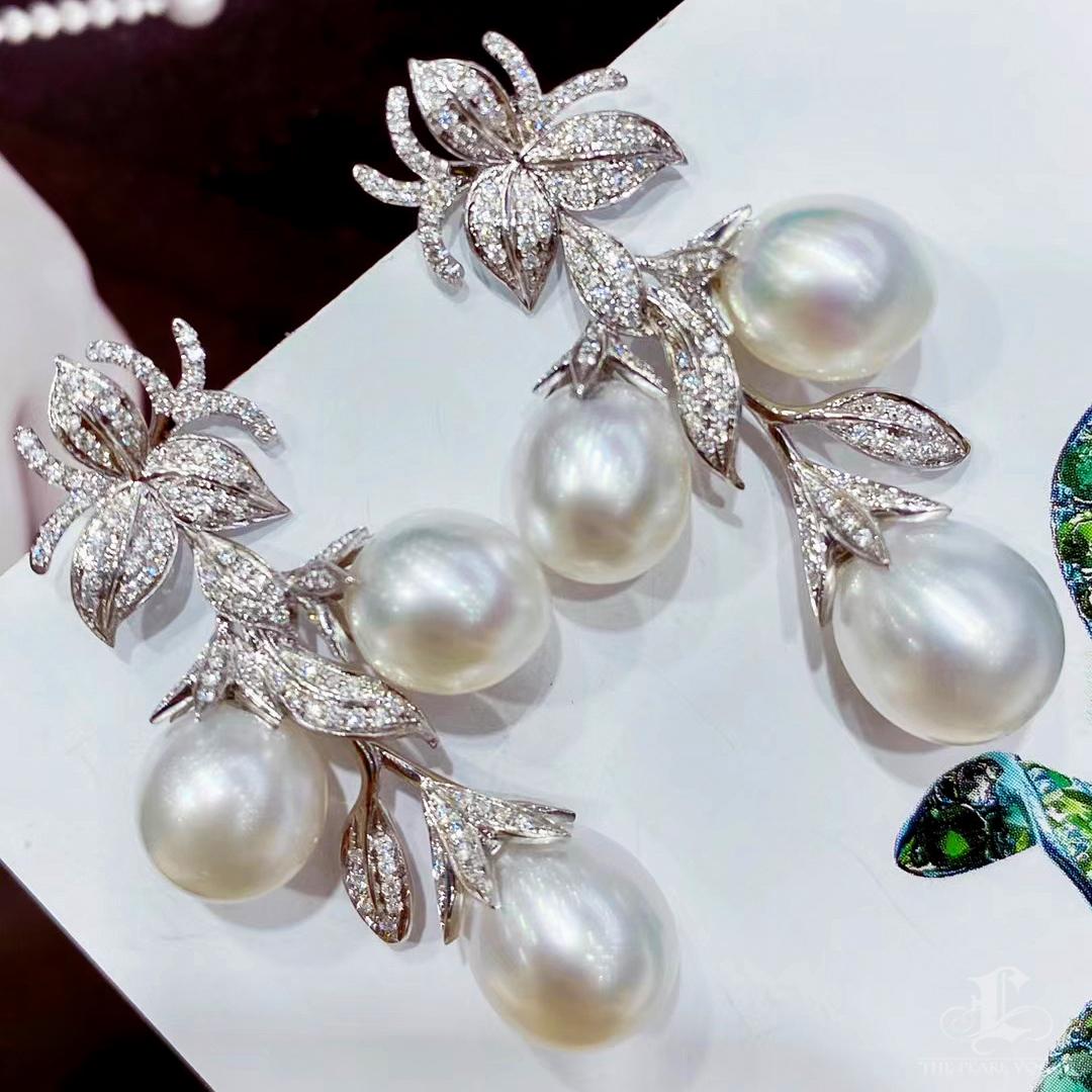 De las mujeres 【Vine Symphony】Aurora South Sea Pearl Orchid Leaf Diamond Pendientes en venta