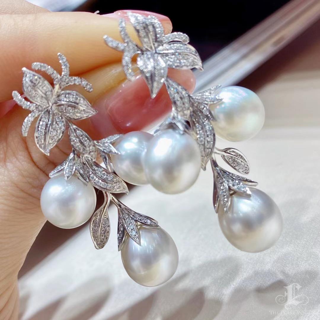 【Vine Symphony】Aurora South Sea Pearl Orchid Leaf Diamond Pendientes en venta 1