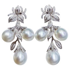 【Vine Symphony】Aurora Südsee Perle Orchidee Blatt Diamant Ohrringe