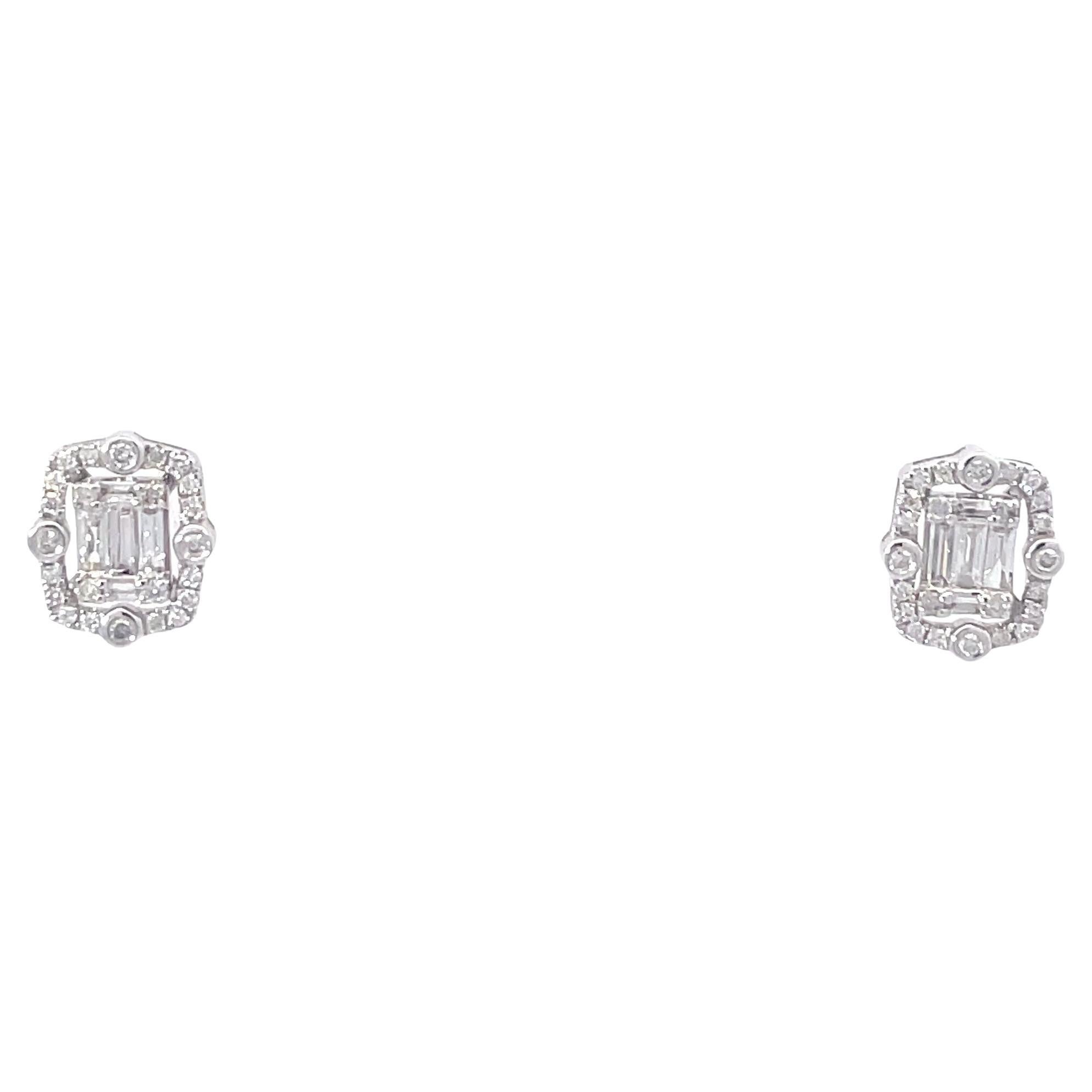18K Gold Diamond Baguette Illusion Stud Earrings with Rectangular Shaped Jackets For Sale
