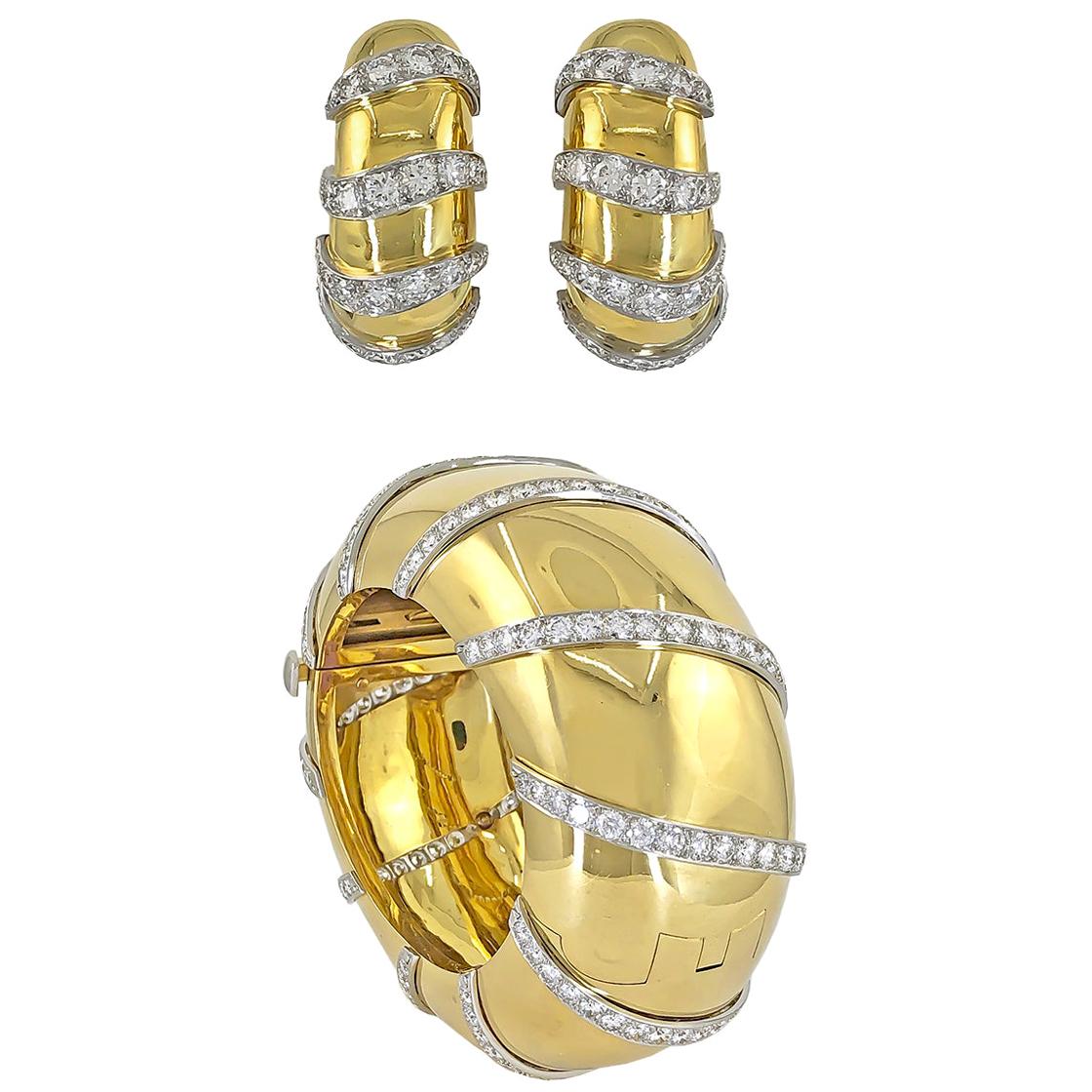 Bracelet jonc en or avec grand diamant en forme de dôme et boucles d'oreilles assorties, années 1980