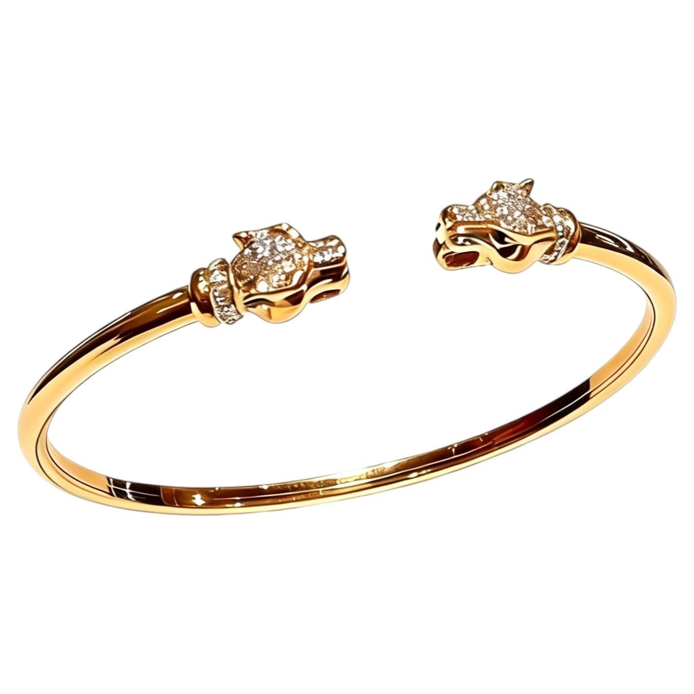 18K Gold Diamond Bangle with Leopard-Head Motifs, Hong Kong For Sale