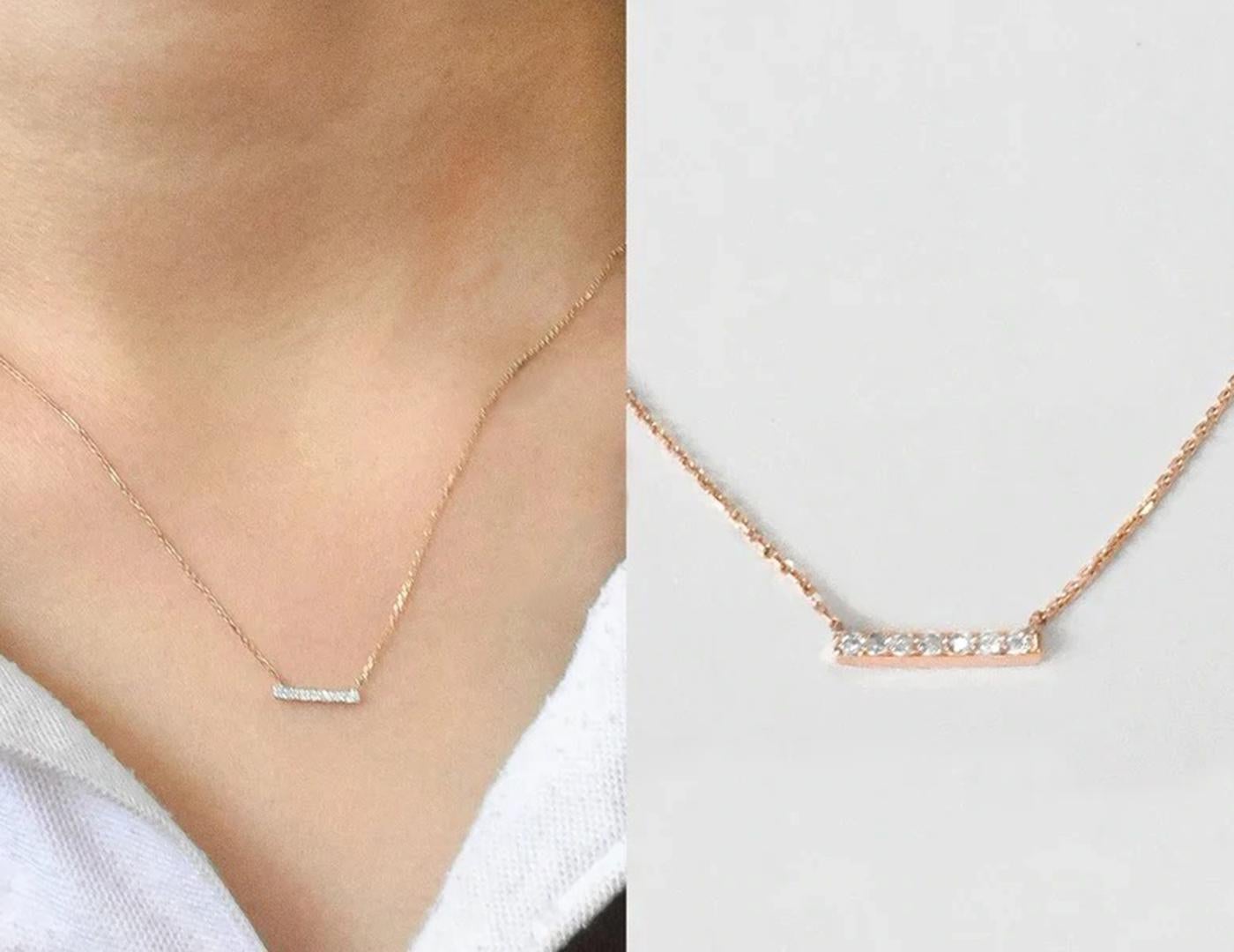 18k Gold Diamond Bar Necklace Micro Pave Diamond Bar Necklace Pendant For Sale 1