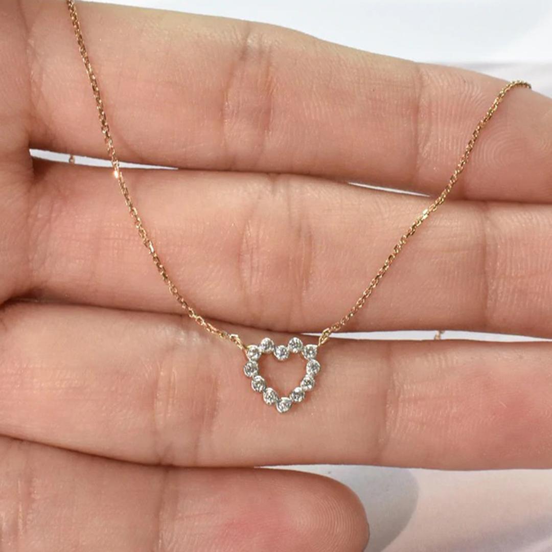 Modern 18k Gold Diamond Bezel Heart Necklace Valentine Jewelry For Sale