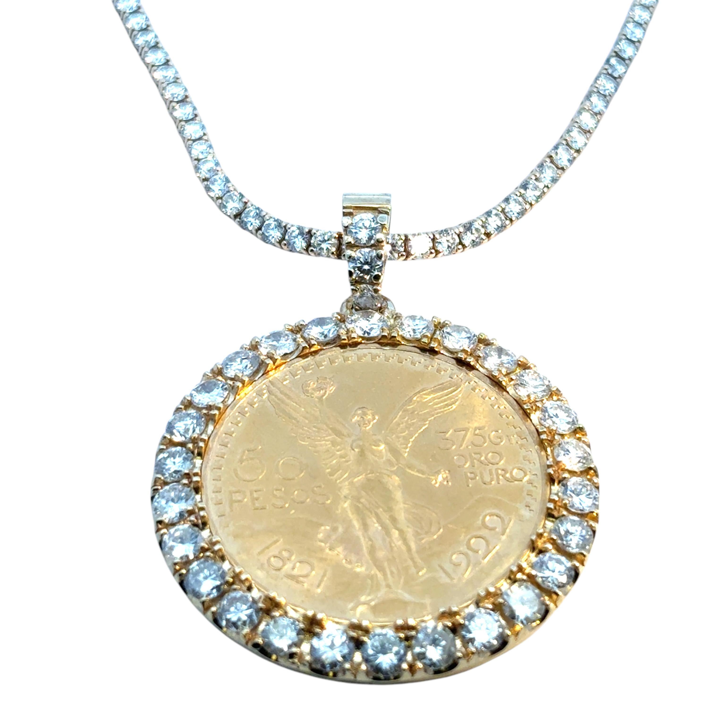 18k Gold Diamond Bezel Pendant 1922 50 Peso 24k Gold Coin on a Tennis Necklace For Sale 6