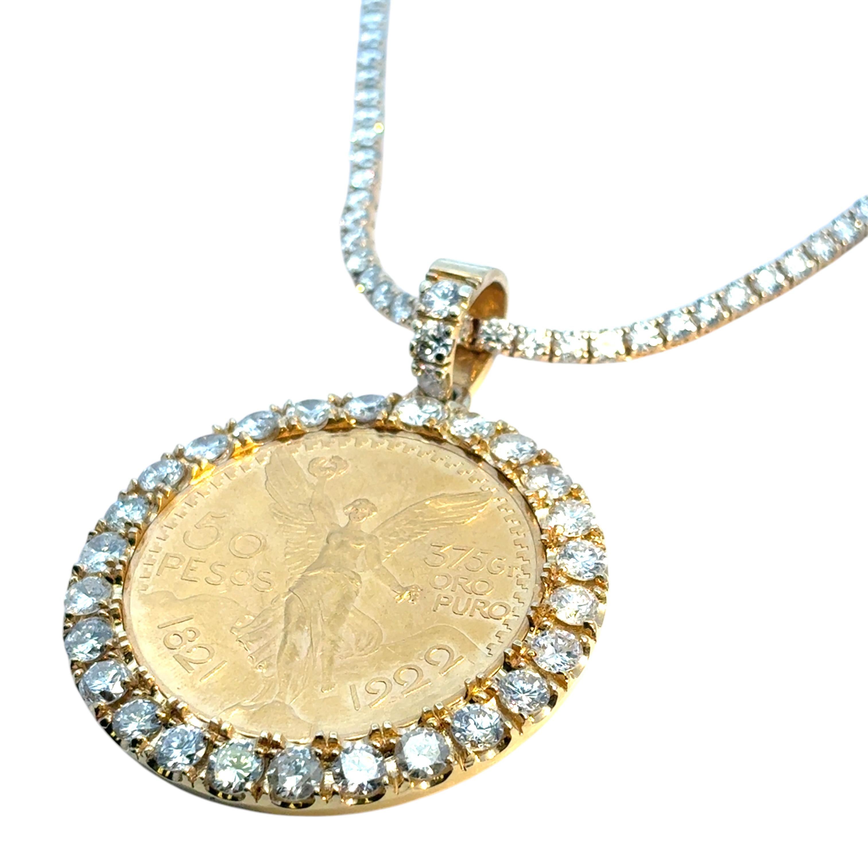 18k Gold Diamond Bezel Pendant 1922 50 Peso 24k Gold Coin on a Tennis Necklace For Sale 7